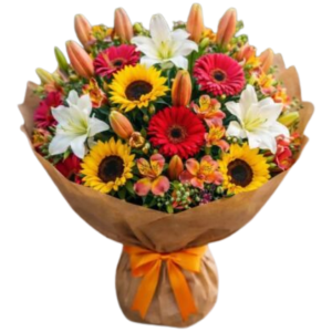 Bouquet tropical com lírios laranja e flores vibrantes