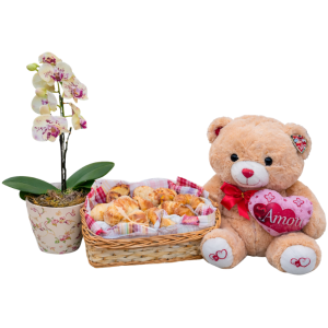 Cesta colonial ultra luxo com orquídea e urso