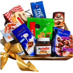 Caixa com chocolates importada e biscoitos italiano, belga e francês.